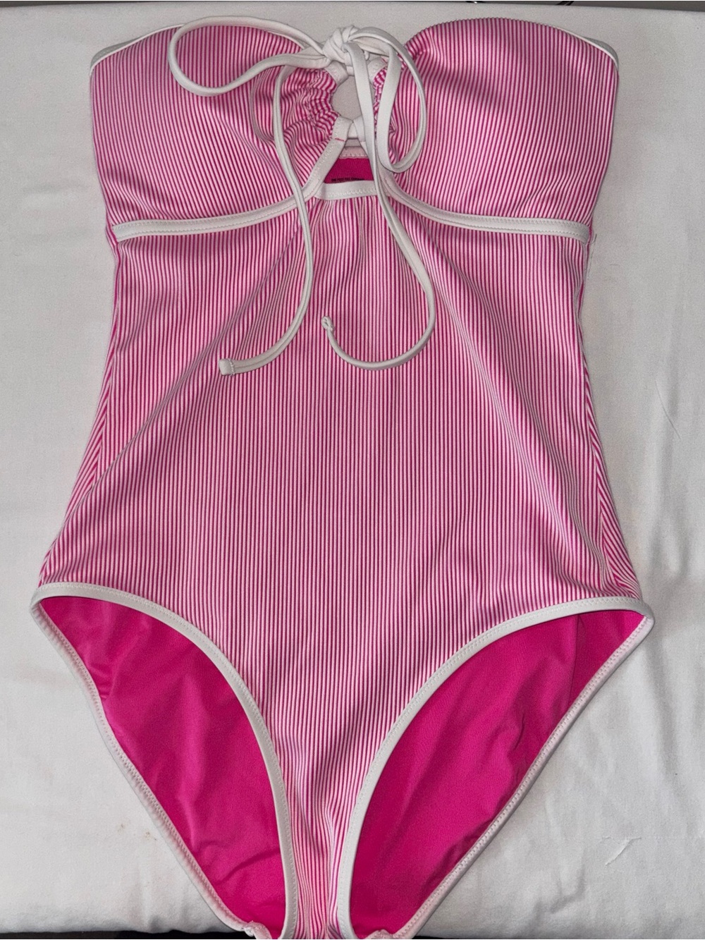 aerie Pink Striped One-Piece Full Coverage Swimsuit with White Trim
